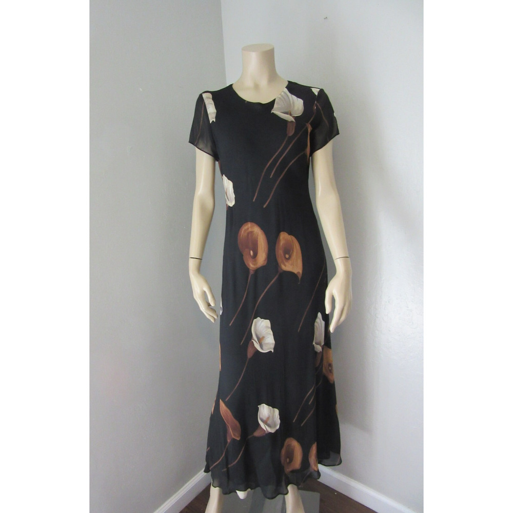BENJAMIN A. Black Floral Petite 10 Maxi Sheer Overlay Short Sleeve Dress BR16